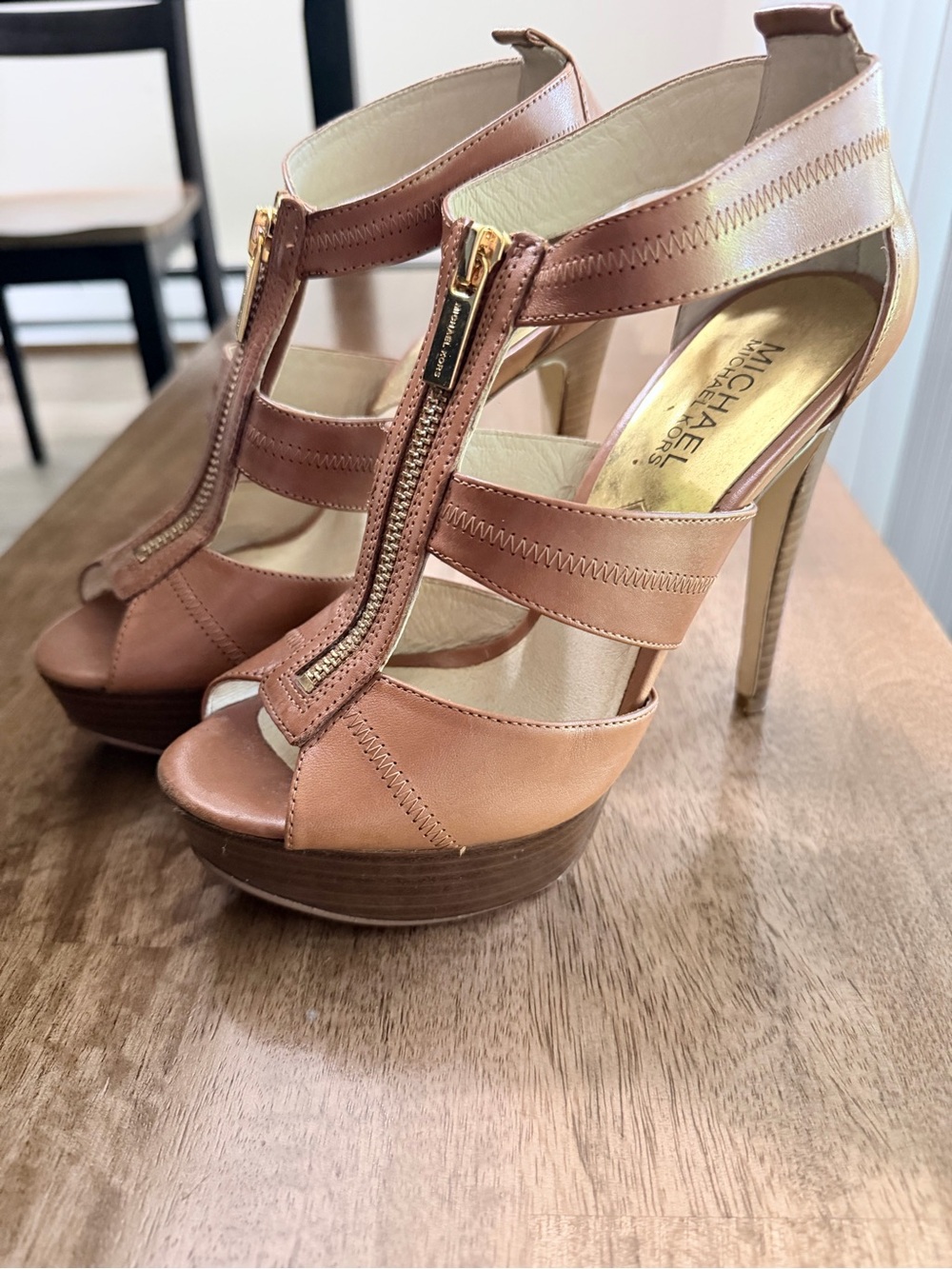 Michael Kors Brown Gold Leather Platform Zip-Strap Heels